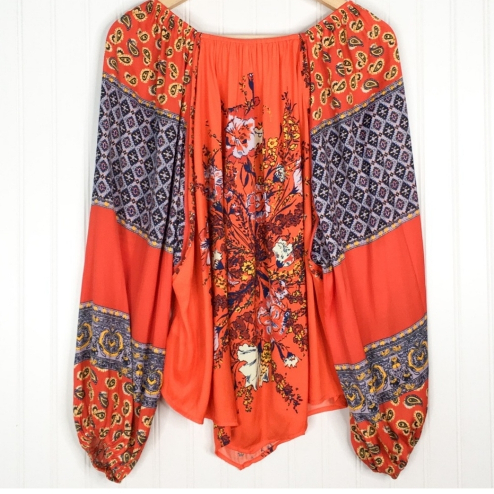 Free People Womens Positano Printed Blouse Orange Floral Off Shoulder Boho XS